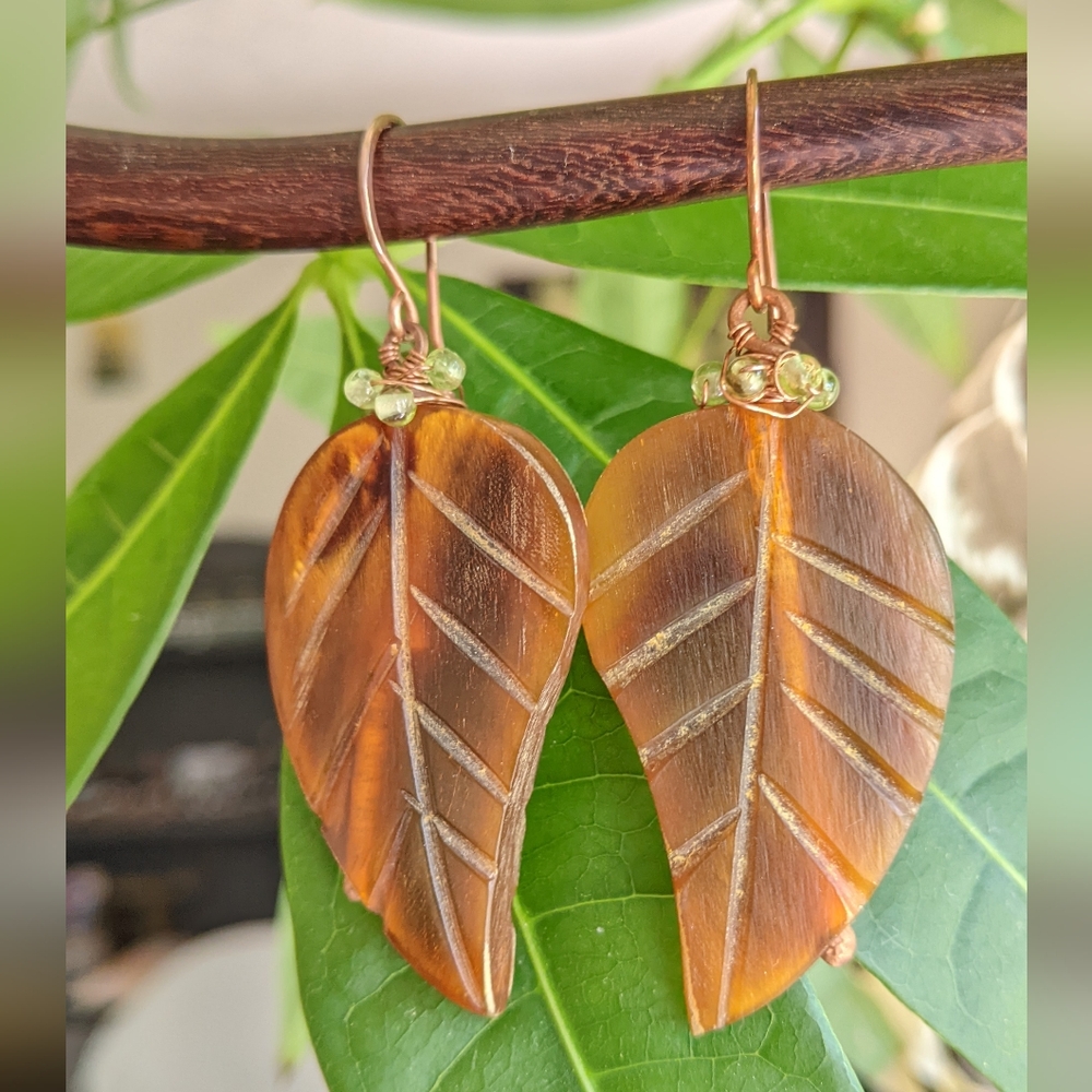 Artisan Autumn Leaf Earrings Carved Horn Hand Wrapped In Solid Copper - Picture 2 of 16